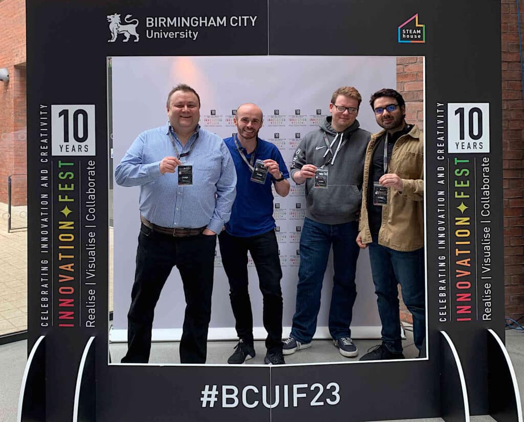 Absar joined by Oxygen's CTO Rob Parker, Marketing Director John Newton and Lead Data Analyst Andy King during a visit to BCU's Innovation Fest 2023.