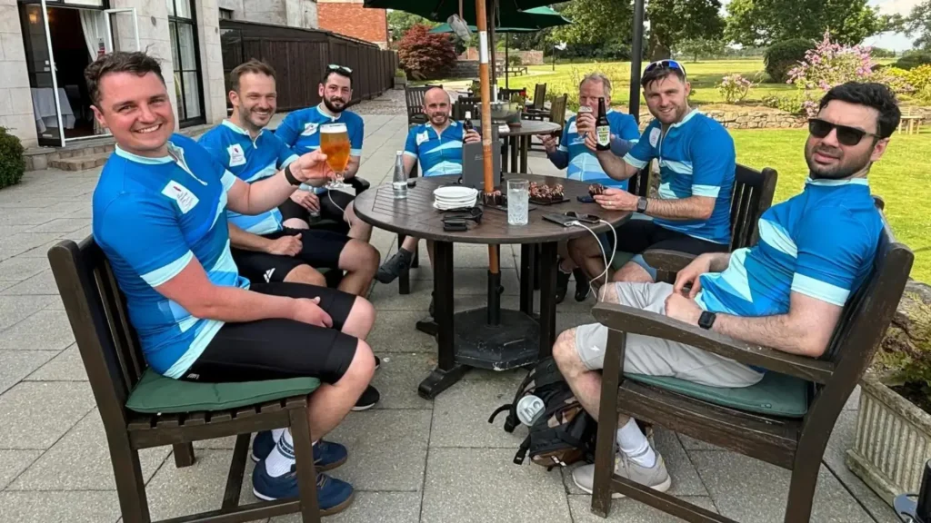 Our heroes enjoying a well-deserved drink on their arrival in Nantwich.